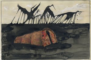Desastre ecológico: aves oleadas numa praia após o afundamento de um petroleiro ou de latas de óleo afundadas na praia Ilustração de Alessandro Lonati de Alessandro Lonati