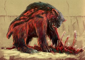 Monstros e criaturas fantásticas, criptozoologia: o urso Nandi, habitando as savanas da Tanzânia e do Quénia (kerit, chimit, kikambungure, duba e sabroukoo) - (Urso Nandi, também conhecido como Ngoloko) Desenho de Alessandro Lonati, 2012