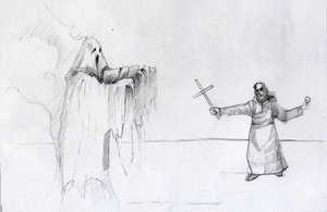 Luta entre um monge segurando um crucifixo e um fantasma Ilustração de Alessandro Lonati de Alessandro Lonati