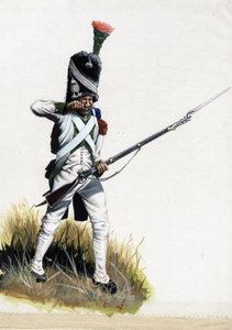 Primeiro Império (1804-1814 e 1815): Soldado velítico do grande exército napoleónico em Itália, abrindo um cartucho. Desenho de Alessandro Lonati de Alessandro Lonati