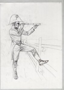 Primeiro Império (1804-1814 e 1815): soldado sénior do grande exército napoleónico francês em observação com uma visão longa (visão longa). Desenho inacabado de Alessandro Lonati. de Alessandro Lonati