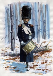 Primeiro Império (1804-1814 e 1815): soldado do grande exército napoleónico, tambor dos grenadiers da Guarda Imperial francesa em manto de Alessandro Lonati