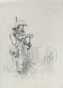 Primeiro Império (1804-1814 ou 1815): soldado do exército napoleónico, caçador de soldados de infantaria (infantryhunter). Desenho de Alessandro Lonati de Alessandro Lonati