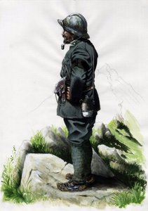 Primeira Guerra Mundial 1914-1918: Oficial caçador alpino (caçador alpino) do exército italiano na Frente dos Alpes. Desenho de Alessandro Lonati de Alessandro Lonati