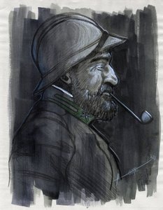 Primeira Guerra Mundial 1914-1918: Retrato de perfil de um soldado do exército italiano fumando o cachimbo em 1915. Desenho de Alessandro Lonati de Alessandro Lonati