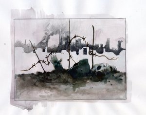 Primeira Guerra Mundial: Alegoria de guerra com capacete de crânio em barbas contra fundo de ruínas Desenho colorido por Alessandro Lonati de Alessandro Lonati