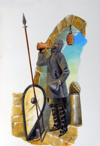 Primeira cruzada: uma grua em repouso, equipada com o seu casaco de malha, bebe a garrafa, o seu escudo e a sua lança são colocados perto dele. Ilustração de Alessandro Lonati de Alessandro Lonati