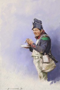 Primeiro império: soldado de infantaria ligeira durante uma refeição durante uma campanha de Napoleão I (provavelmente na Rússia) no início do século XIX. Ilustração de Alessandro Lonati. 2010 de Alessandro Lonati