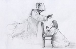 O fantasma de uma freira idosa de mãos tortas aparece a uma menina a rezar Ilustração de Alessandro Lonati de Alessandro Lonati