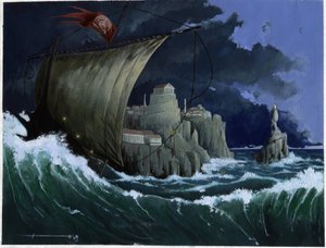 Ilustração do mito da ilha desaparecida sob o Mar da Atlântida: vista da cidade grega da lendária ilha antes do seu desaparecimento. Desenho a cores de Alessandro Lonati. de Alessandro Lonati