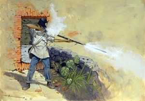 Campanha italiana: um soldado de infantaria austríaco a abrir fogo na batalha de Solferino entre o Império Austro-Húngaro de François-Joseph (François Joseph) I da Áustria e a coligação Franco-Sardenha de Napoleão III e Victor Emmanuel II (Victor-Emmanu de Alessandro Lonati