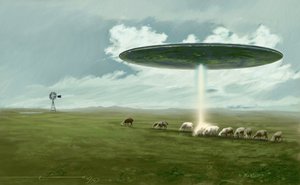 Fenómenos misteriosos: um disco voador (alienígena ou OVNI ou OVNI) removendo uma ovelha (rapto). Desenho de Alessandro Lonati