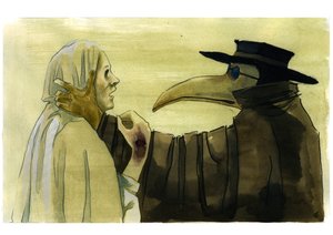 Médico da peste usando uma máscara em forma de bico que foi preenchida com artigos aromáticos em frente de uma vítima de Alessandro Lonati