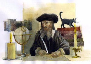 Retrato de Michel de Notre Dame (Nostradamus) astrólogo inglês - Retrato de Nostradamus, Michel de Notre Dame (1503-1566) astrólogo e doutor francais Ilustração de Alessandro Lonati de Alessandro Lonati