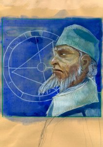Retrato de Michel de Notre Dame (Nostradamus) astrólogo inglês - Retrato de Nostradamus, Michel de Notre Dame (1503-1566) astrólogo e doutor francais Ilustração de Alessandro Lonati de Alessandro Lonati