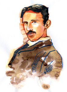 Retrato de Nikola Tesla inventor e engenheiro americano de origem sérvia (Retrato de Nikola Tesla inventor americano sérvio, engenheiro eléctrico, engenheiro mecânico, físico) de Alessandro Lonati