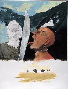 Retrato de um pirata (corsário) desafiando a espada do seu oponente, tocando-lhe com a língua com a alegre bandeira do roger no fundo. Desenho de estudo abaixo para barco fantasma (navio fantasma). Desenho a cores por Alessandro Lonati. de Alessandro Lonati