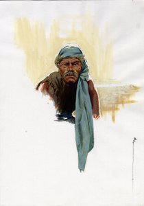 Retrato de um pirata (corsário) ou marinheiro sentado à luz do dia. Desenho a cores de Alessandro Lonati. de Alessandro Lonati
