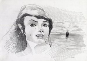 Retrato de uma mulher pirata das Caraíbas (ou corsário), com o pôr-do-sol no horizonte. Desenho de Alessandro Lonati. de Alessandro Lonati