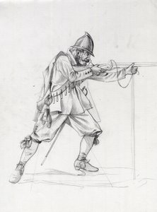 Retrato de um soldado de navio do século XVII a colocar-se numa posição de tiro. Desenho de Alessandro Lonati. de Alessandro Lonati
