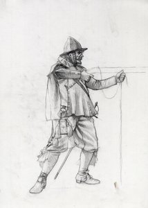 Retrato de um soldado de navio do século XVII a colocar-se numa posição de tiro. Desenho de Alessandro Lonati. de Alessandro Lonati