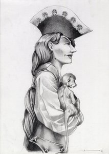Retrato de perfil de uma mulher pirata das Caraíbas (corsário), com um macaquinho nos braços. Desenho de Alessandro Lonati. de Alessandro Lonati