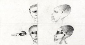 Ilustração de ficção científica (ficção científica): estudo da face de um alienígena ou extraterrestre (alienígena ou extraterrestre) do planeta Marte para a conquista do espaço ou universo. Desenho de Alessandro Lonati de Alessandro Lonati