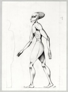 Ilustração de ficção científica: um extraterrestre ou extraterrestre (alienígena ou extraterrestre) do planeta Marte para a conquista do espaço ou universo. Desenho de Alessandro Lonati de Alessandro Lonati