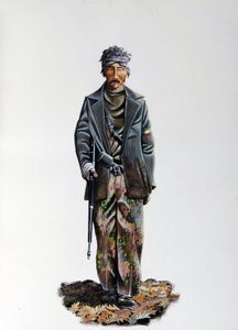 Segunda Guerra Mundial: um membro da Resistência Italiana (maquis ou guerrilheiros, partidários) (Resistenza Italiana), vestindo um fato de camuflagem e arma com uma metralhadora. 1943-1945. Ilustração de Alessandro Lonati de Alessandro Lonati