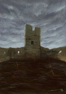 Túmulos de um cemitério abandonados entre as ruínas. Desenho de Alessandro Lonati de Alessandro Lonati