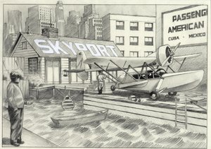 EUA, Nova Iorque: vista do aeroporto marítimo com um hidroavião à espera de descolagem na década de 1950. Desenho de Alessandro Lonati de Alessandro Lonati