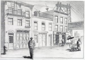Estados Unidos, Nova Iorque: vista de uma rua de um bairro da cidade na década de 1950. Desenho de Alessandro Lonati de Alessandro Lonati