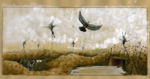 Primeira Guerra Mundial: um pombo de passageiros com uma mensagem dirigida por um soldado alemão numa trincheira que procura recuperar uma mensagem 1914-1918 (Primeira Guerra Mundial: um soldado alemão a disparar contra um pombo-correio com uma mensagem de Alessandro Lonati