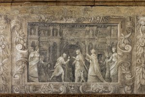 Afresco monocromático reproduzindo produções teatrais (fresco) de Alessandro Maganza
