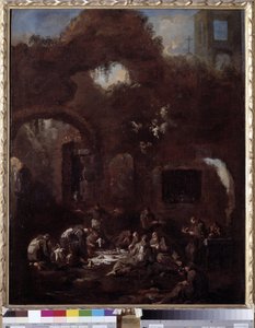 Frades capuchinhos à mesa entre as ruínas (óleo sobre tela de Alessandro Magnasco