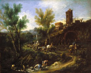 Paisagem com ciganos e lavadoras de roupa (óleo sobre tela) de Alessandro Magnasco