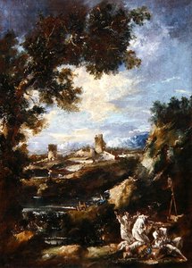Paisagem com Frades Carmelitas Rezando num Santuário de beira de estrada, c.1720 (óleo sobre tela) de Alessandro Magnasco