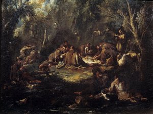 Cena da vida monástica Café da manhã dos monges, orando e lendo em um matagal. Quadro de Alessandro Magnasco de Alessandro Magnasco