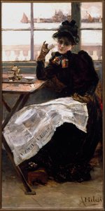 Uma mulher de preto, lendo o jornal, tomando uma xícara de café num bistrô. Pintura de Alessandro Milesi (1856-1945) Genes Galleria de Arte Moderna
