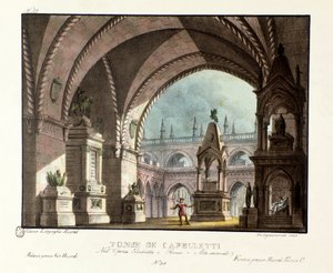 A tumba da família Capulet (Capuleti) Cenografia para a apresentação no Teatro Carcano em 1829 da ópera "Giulietta e Romeu" (Julieta e Romeu) (1796) de Niccolo Antonio Zingarelli depois da peça "Romeu e Julieta", de William Shakespeare. Lithograp