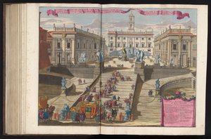 Armadilha na Piazza del Campidoglio te Rome Desenho e elevação do moderno Campidoglio romano (...) (título no objeto) de Alessandro Specchi