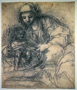 A Madonna e a Criança com um Monge Carthusiano (giz preto sobre estilete em papel azul claro) de Alessandro Tiarini