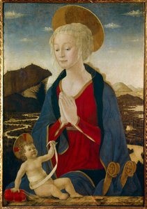 A Virgem tem o Menino. Ambos usam auréolas douradas. Pintura sobre madeira de Alessio Baldovinetti (1425-1499) Século XV Sol. 1,06x0,75m