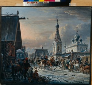 Trenós de correio russo (troika) circulando em uma rua no inverno e cumprimentando os habitantes em seu caminho (rua com carruagens de correio) - Pintura de Alexander Osipovich Orlowski (1777-1832)
