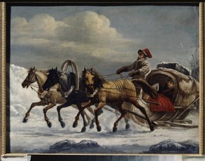 Troika (marreta puxada por uma equipa de três cavalos). Pintura de Alexander Osipovich Orlowski (1777-1832), óleo sobre metal