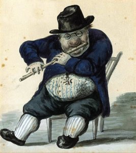 Caricatura de retrato do arquitecto Giacomo Quarenghi (1744-1817). (Caricatura de retrato do Arquitecto G. Quarenghi). Arquitecto principal de São Petersburgo, é mostrado com os seus binóculos, sentado, a tocar flauta, com uma medalha de honra