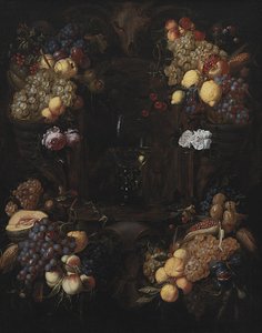 Cartouche com guirlandas de frutas e um copo de vinho