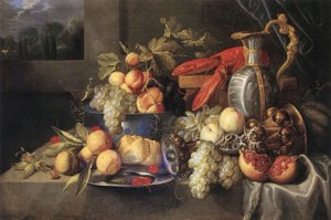 Natureza-morta de frutos com lagosta e pão, taça de columbina dourada, jarro de faiança holandesa, prato de estanho e copo com asas veneziano.