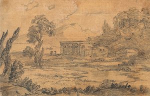 Edifícios junto a um rio com colinas em fundo de Alexander Cozens