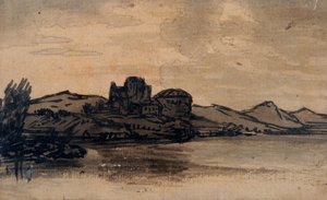 Paisagem Italiana com Edifício Domed (lápis e lavagem em papel) de Alexander Cozens